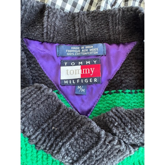 Men's VTG 90s Tommy‎ Hilfiger Chenille Knit Sweater M Green Black Striped Grunge - Picture 3 of 4